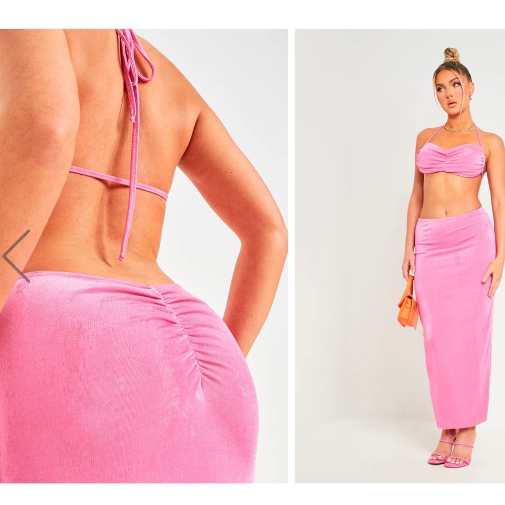 Amora Pink Acetate Slinky Ruched Maxi Skirt